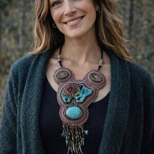 Handmade Beaded Bear Statement Necklace | Boho Southwestern Tribal